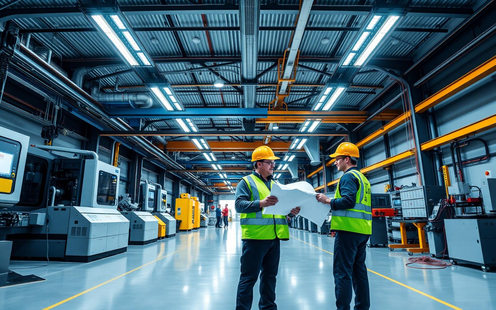 Engineers reviewing technical drawings inside a modern machining workshop