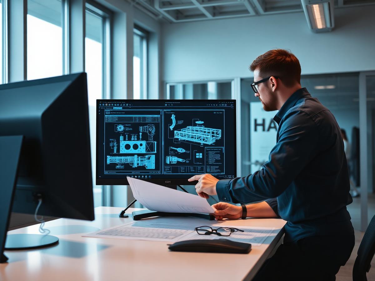 Engineer reviewing a CAD assembly drawing on a large monitor