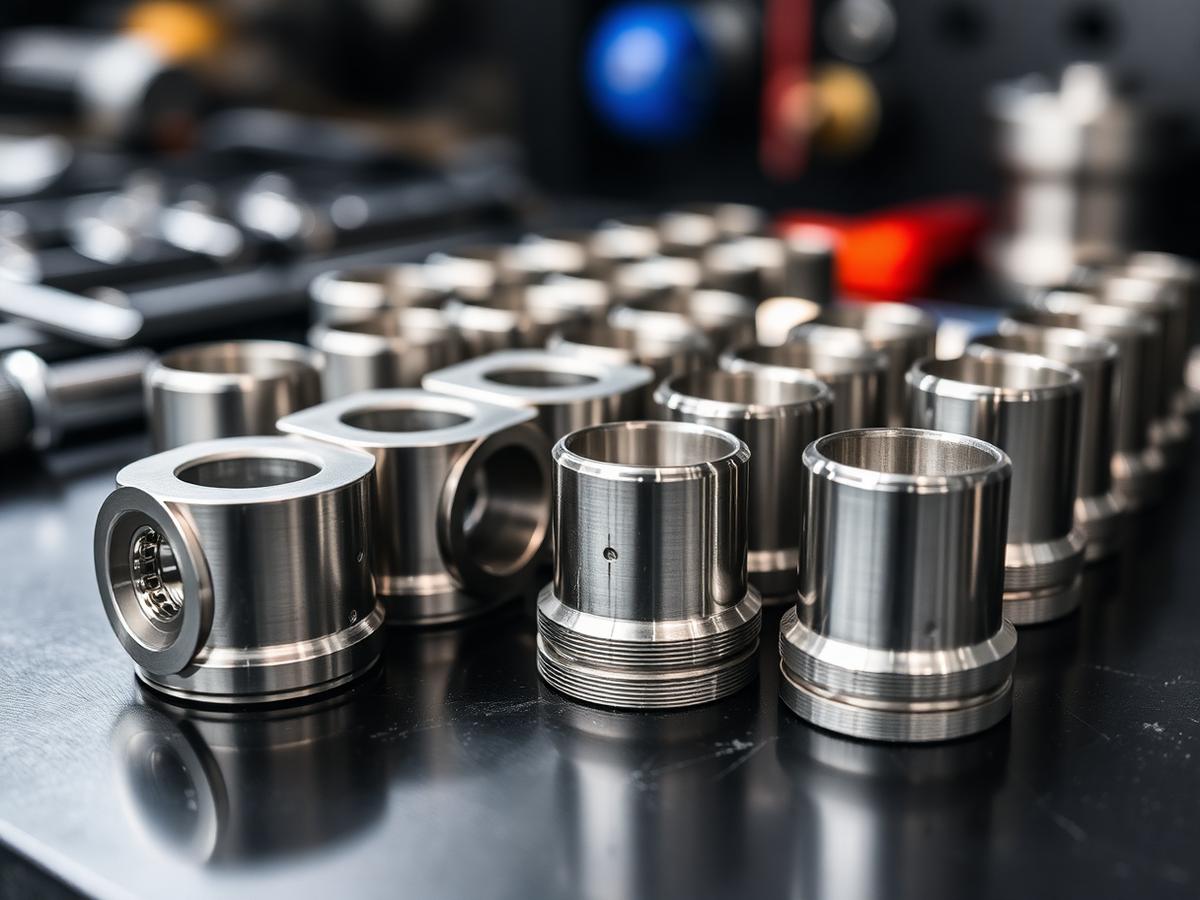Precision machined stainless steel components arranged on a workbench