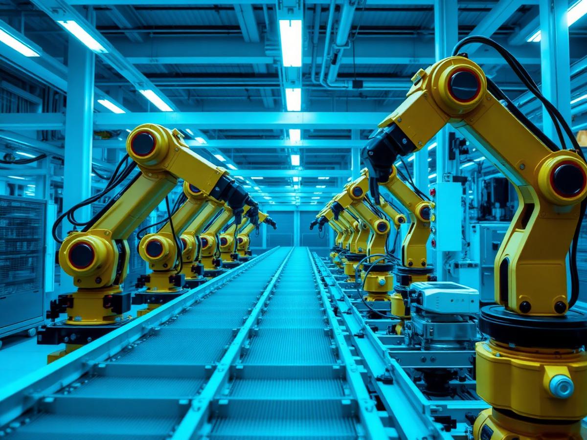 Robotic arms operating along an automated production line
